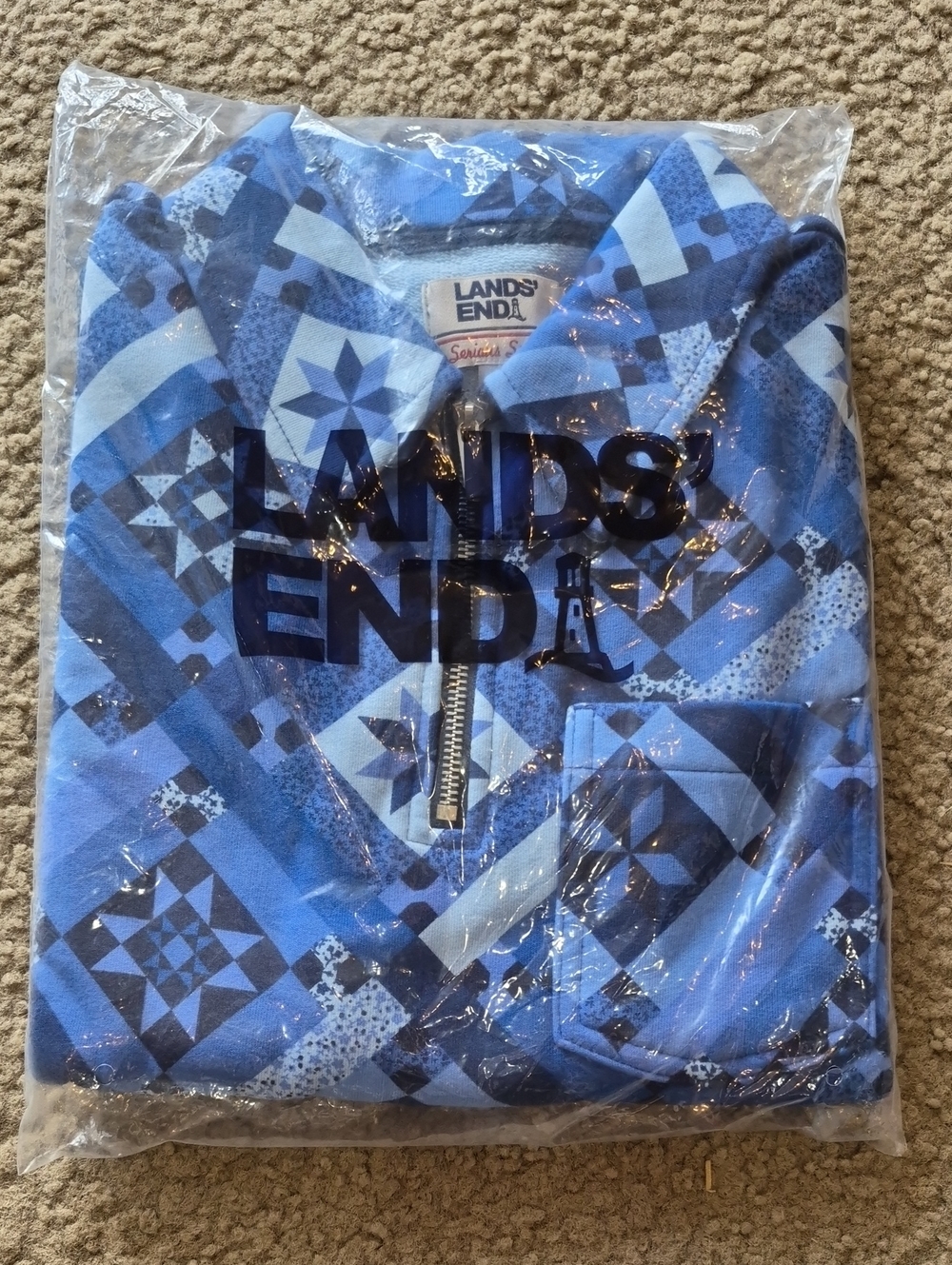 LANDS' END Serious Sweats WOMENS SIZE  S/P 6-8  Blue Geometric Quarter‑Zip